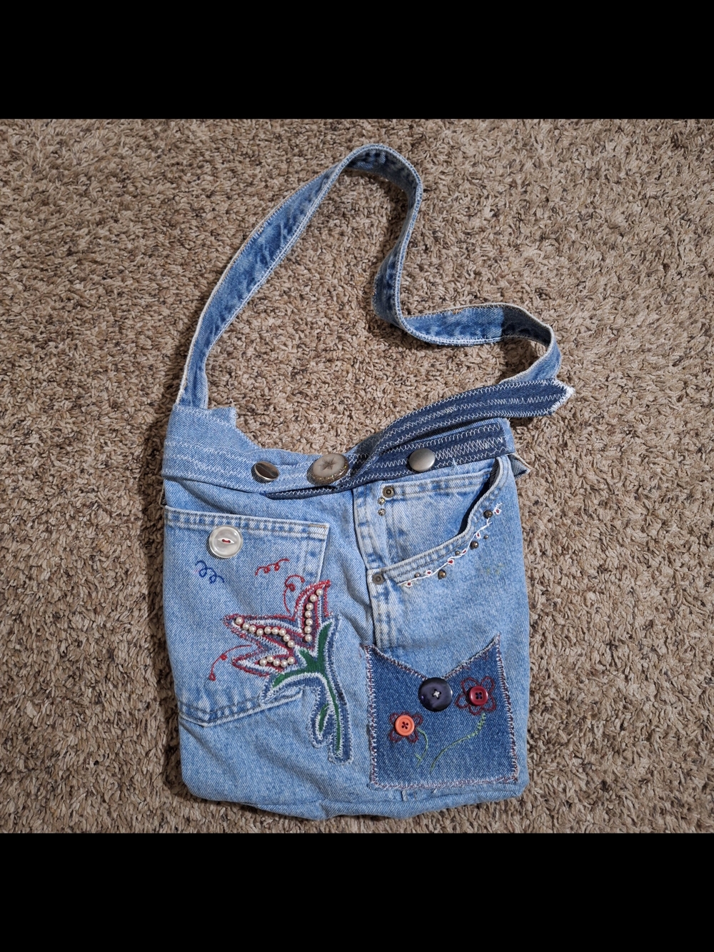 Handmade Upcycled Denim Floral Embroidered Pearl Crossbody Shoulder Bag Purse